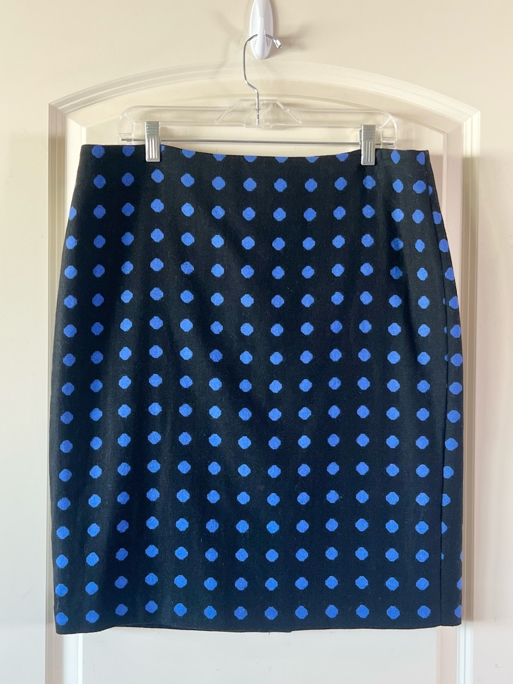 Talbots Polka Dot Wool Blend Pencil Skirt Black Royal Blue Size 14 Lined